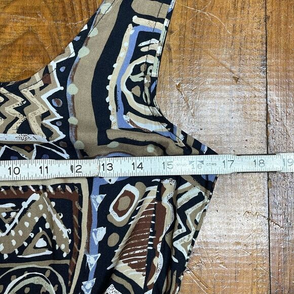 90s Vintage geometric Print Rayon Tie Front Tank Midi Dress black size 9 - 10 - Picture 5 of 7